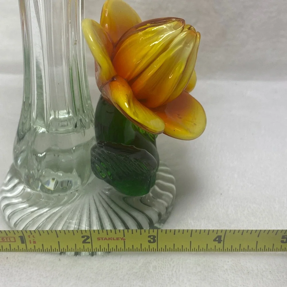 VTG  Hand‎ Blown Clear Art Glass Vase Yellow Orange Flower NOS